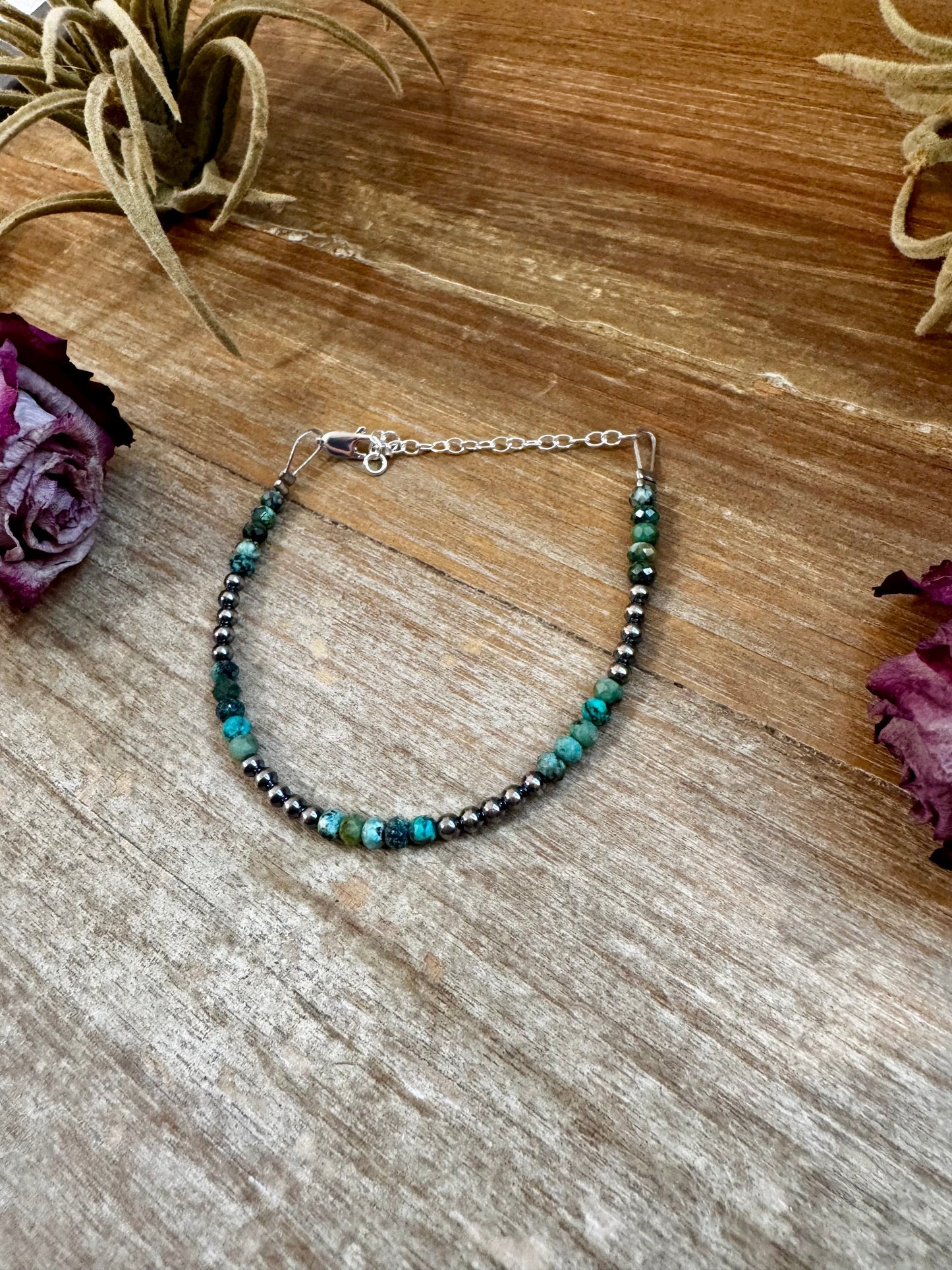 African Turquoise & Sterling Silver Pearl Bracelet – 3mm