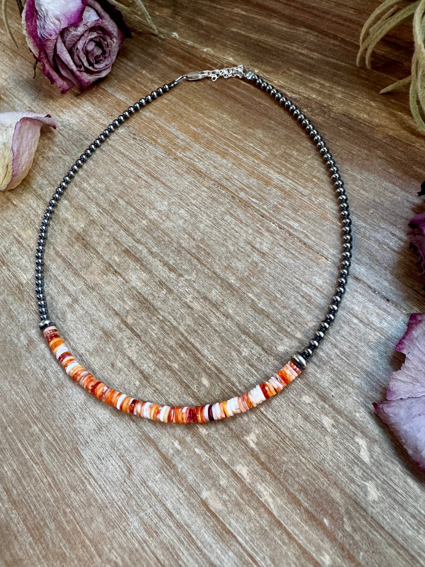 Spiny Oyster Heishi & Sterling Silver Pearl Choker