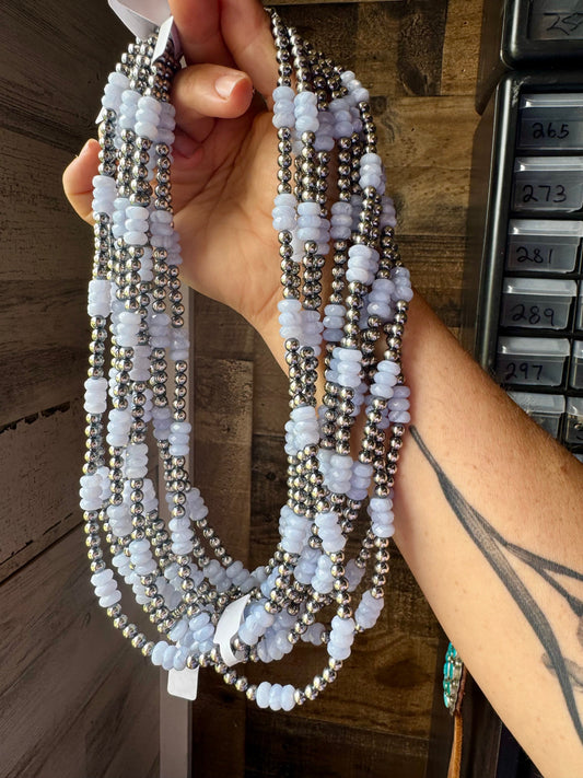 Blue Lace Agate & Sterling Silver Pearl Necklace – 20 ½” Plus Extender