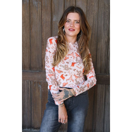 Pink Candy Cane Cowgirl Sheer Long Sleeve