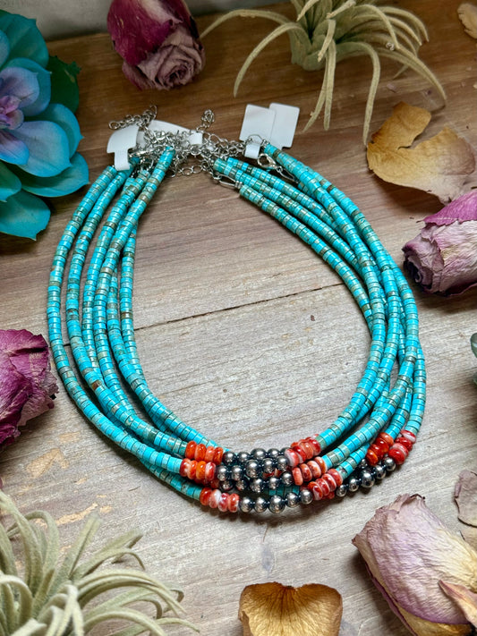 14” Vibrant Choker – Turquoise, Spiny Oyster & Sterling Silver