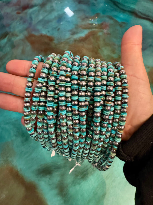 Sterling Silver & Turquoise Heishi Necklace – 16.5” – 6 mm Sterling Pearls