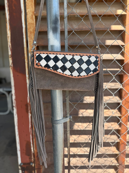 Fringe Clutch- Checkered in grey