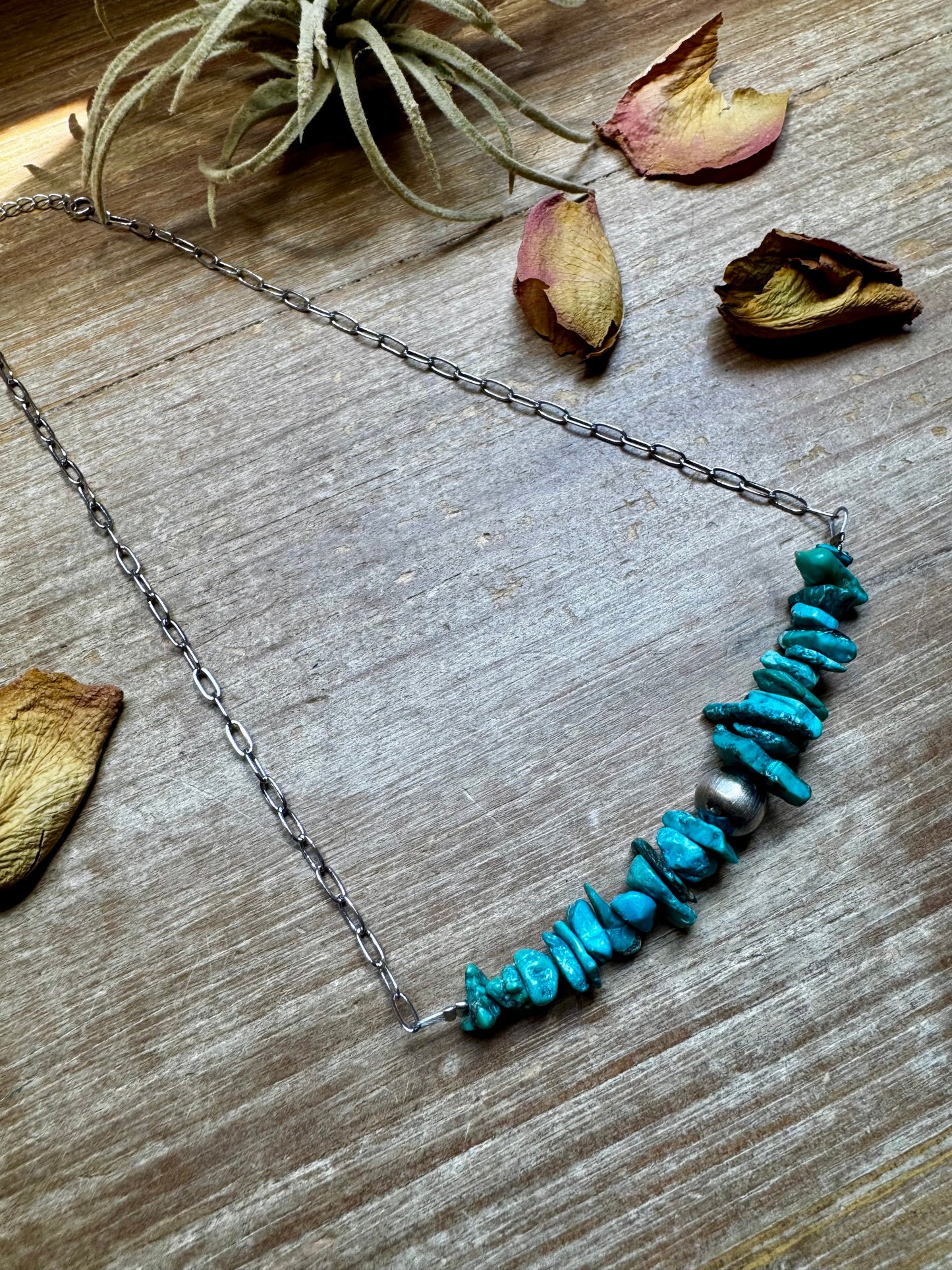 Turquoise Chip Necklace – Sterling Silver Pearl Accent – Paperclip Chain