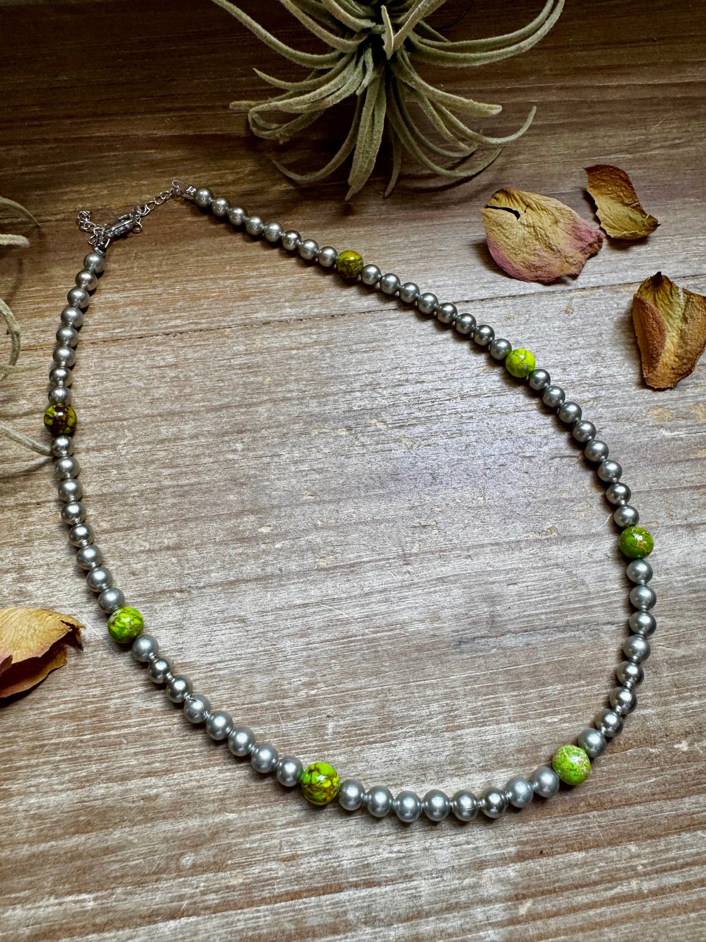 Silver-Plated Chain Necklace – 6mm Beads & 8mm Green Variscite – 18.5"
