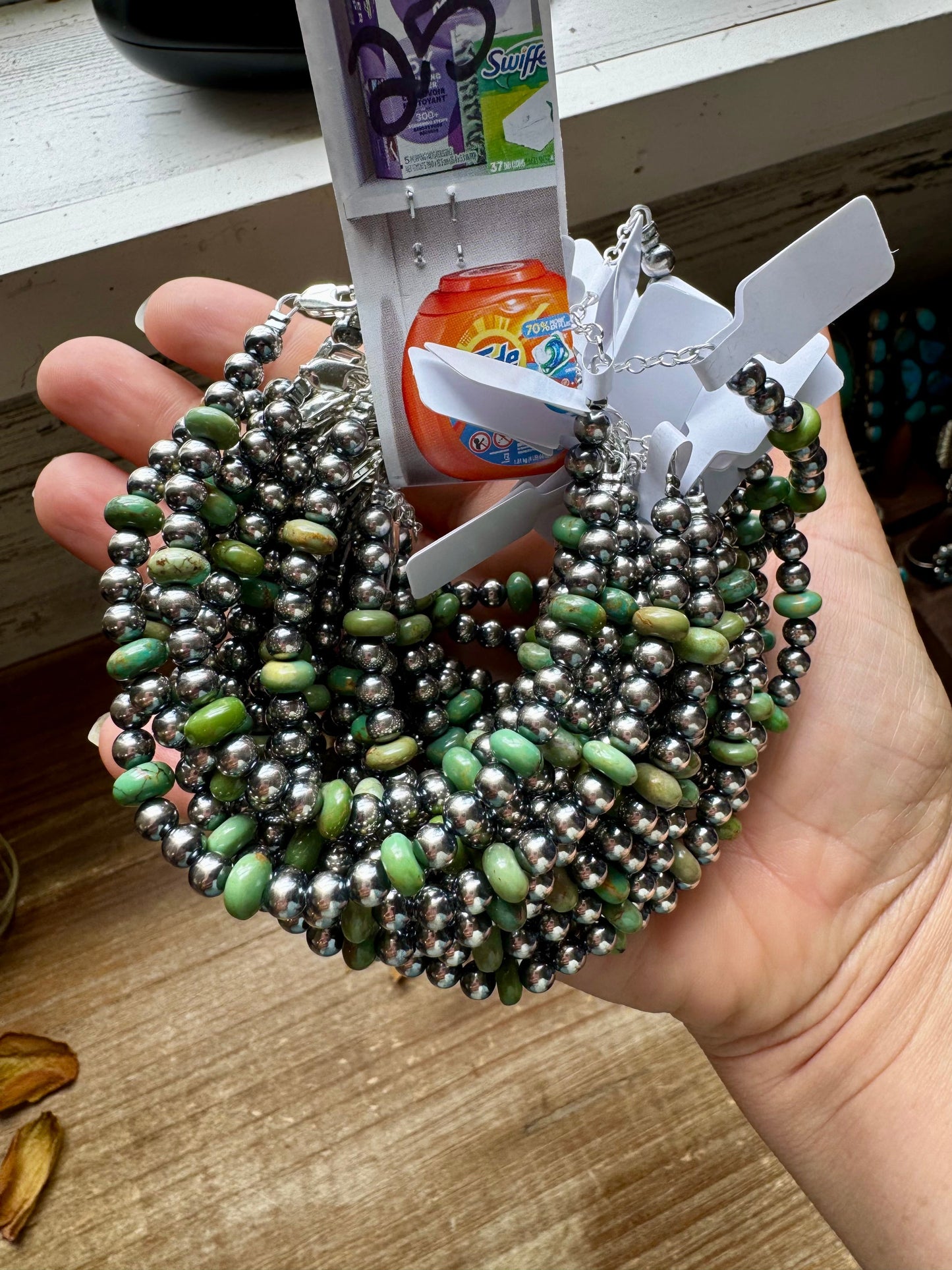 Sterling Silver Pearls with Green Turquoise Rondelles Bracelet