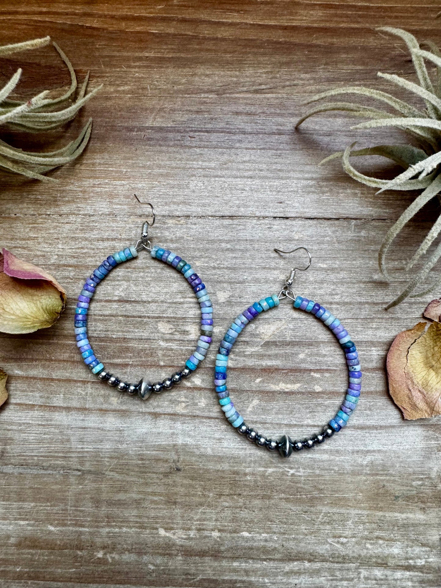 Hoop Earrings with Purple Dolomite Heishi & Sterling Silver Pearls