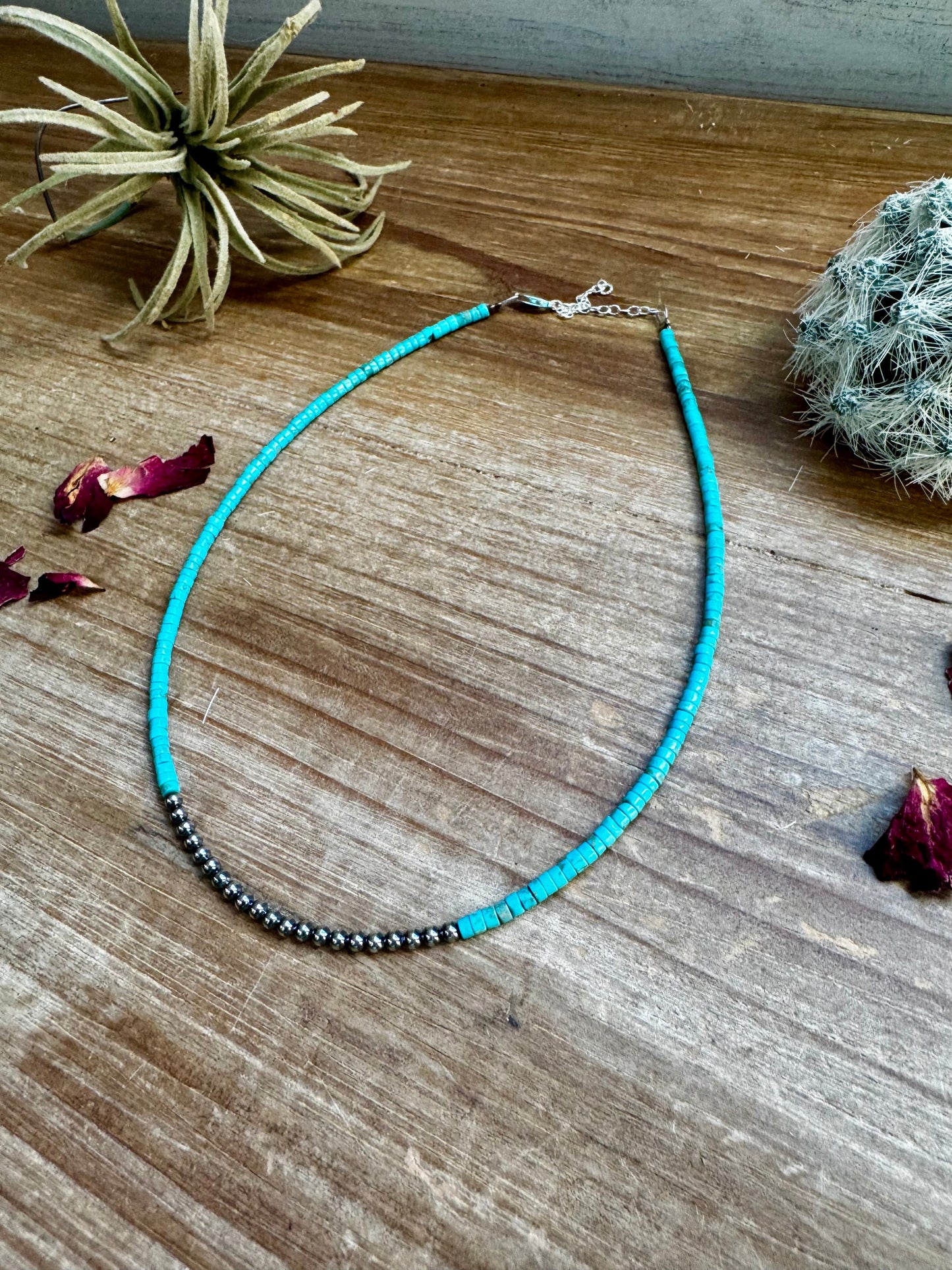 3 mm Sterling Silver Pearls choker with magnesite darker turquoise heishi - western jewelry