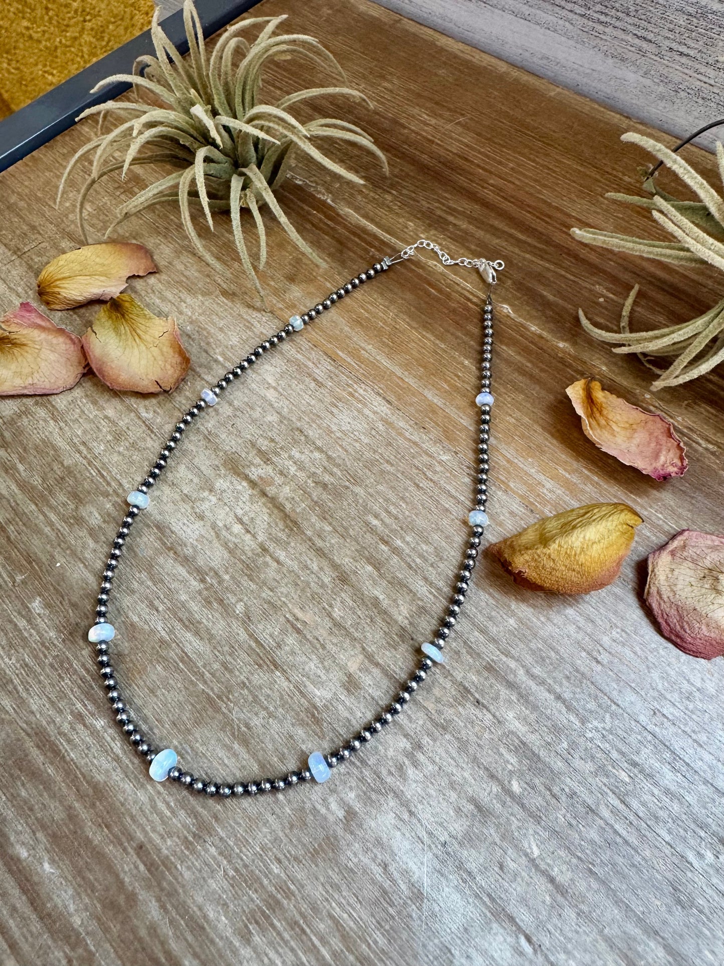 15" White Opal Necklace with Sterling Silver Pearls