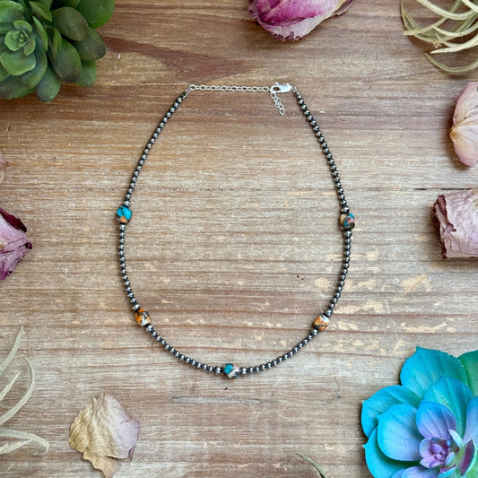 Kids necklace - 13” Turquoise & Spiny Oyster Necklace – 3–4mm Sterling Silver Pearls