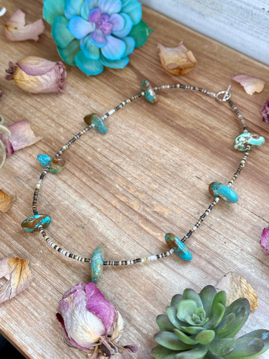 22” Chunky Turquoise & Dark Brown Shell Heishi Necklace