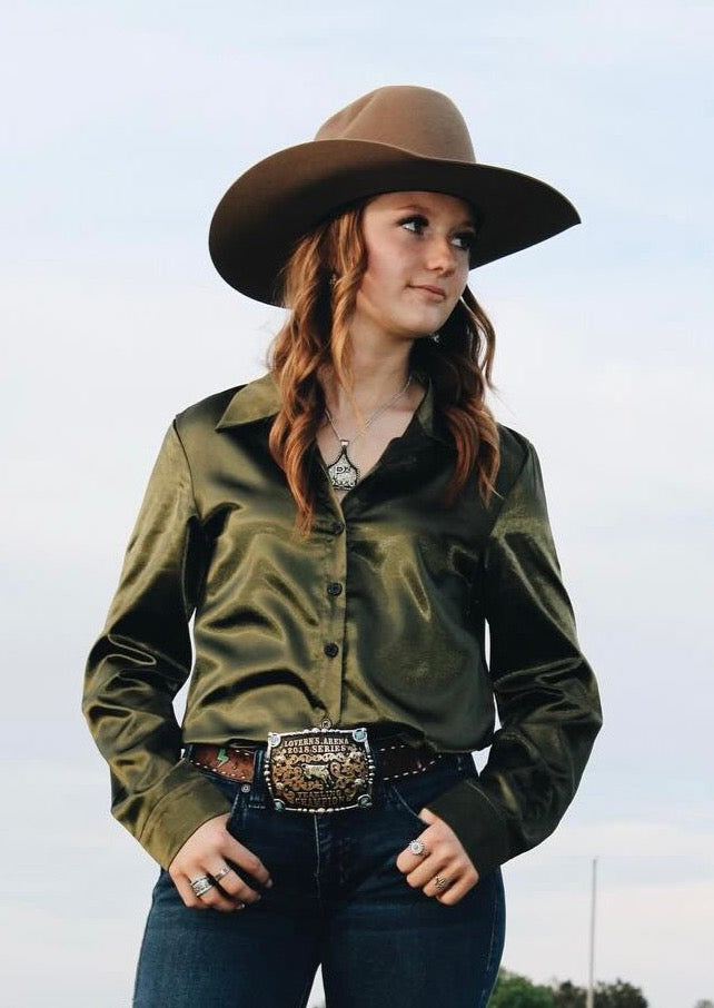 Olive Leopard Satin Rodeo Shirt