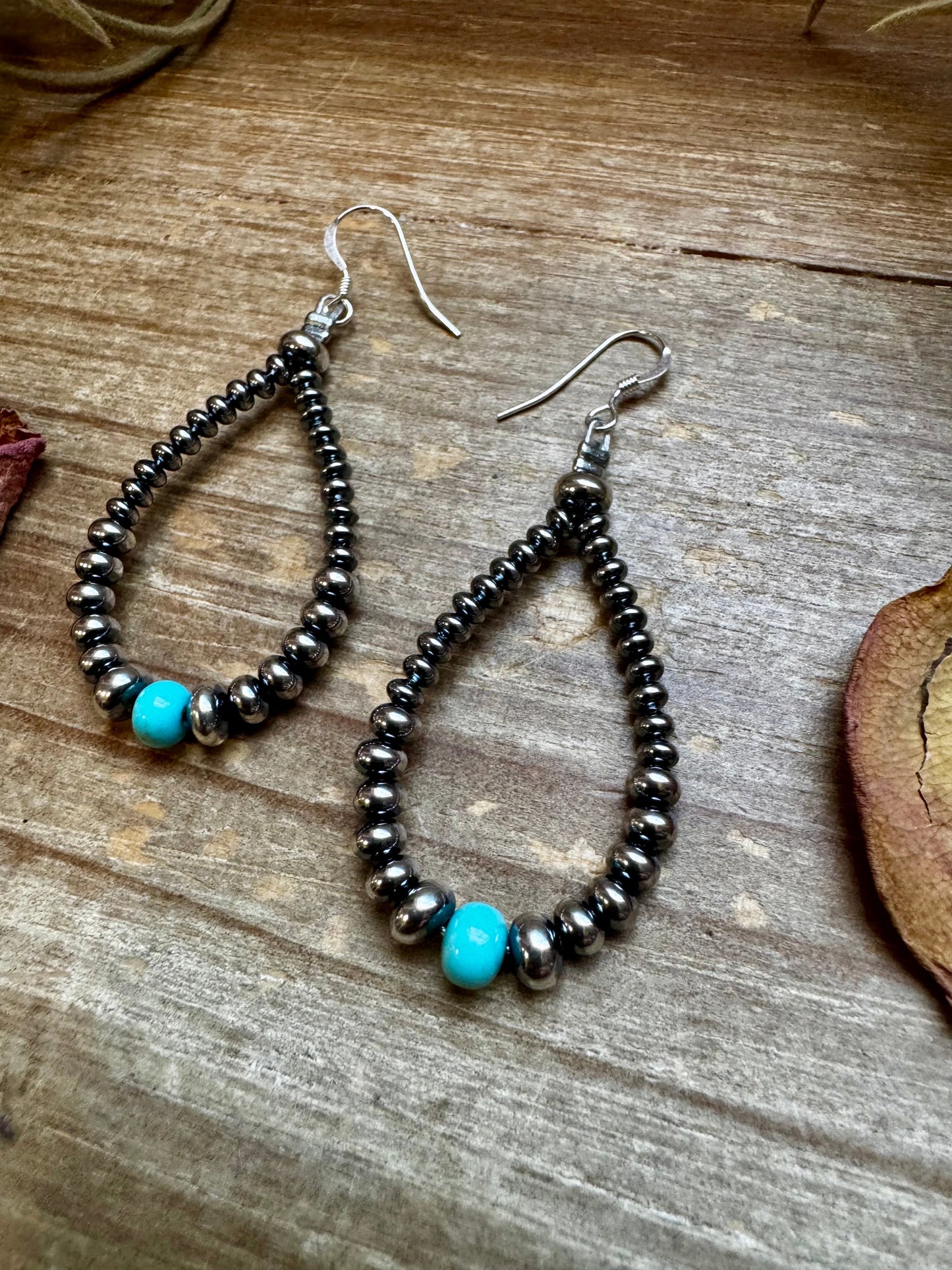 Smaller Sterling saucer Silver Pearls earrings teardrop - With Turquoise