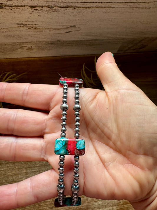 Pink/turquoise Double Strand Necklace – 13” Beaded – Sterling Silver Pearls & Rectangle Variscite