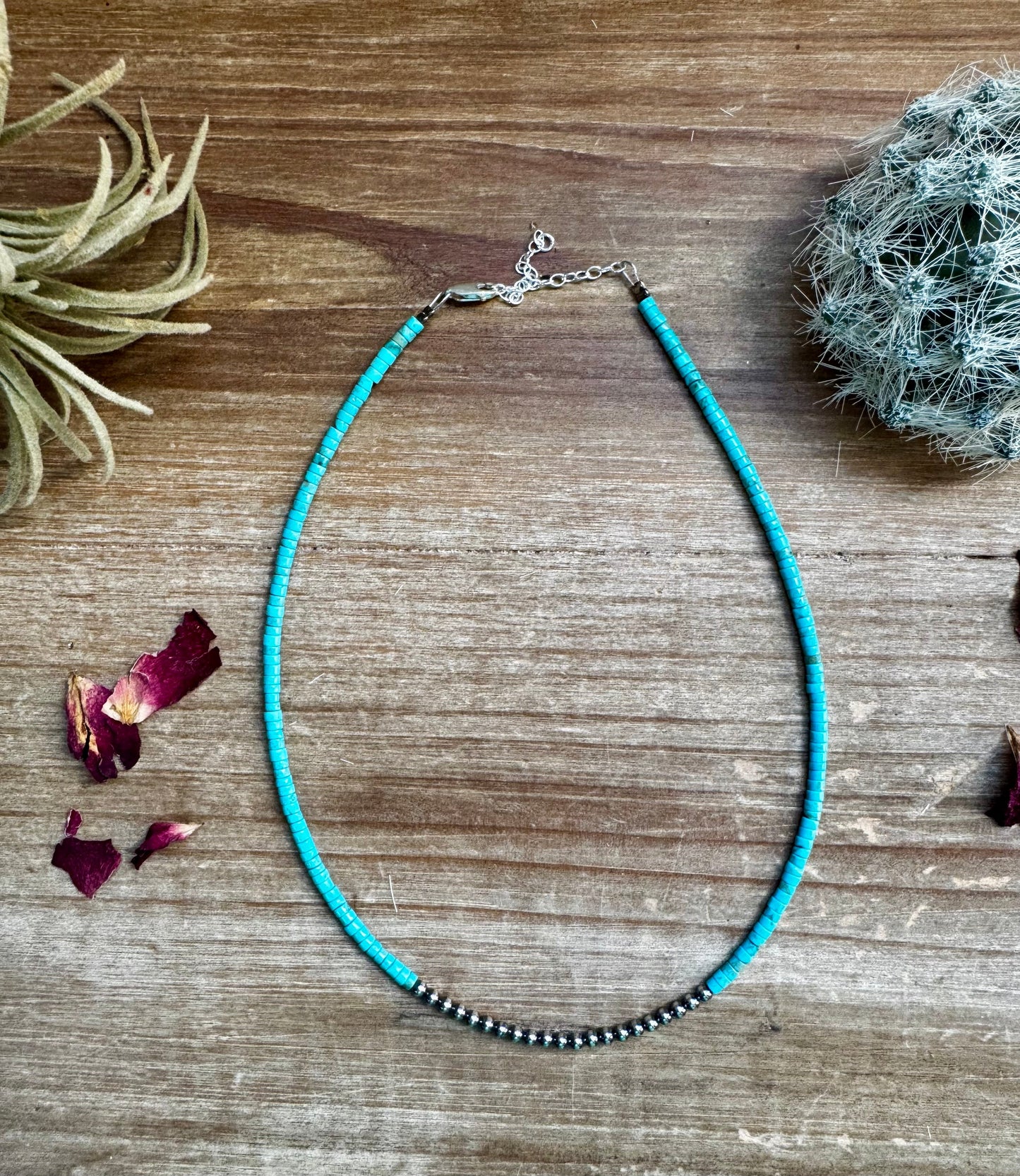 3 mm Sterling Silver Pearls choker with magnesite darker turquoise heishi - western jewelry