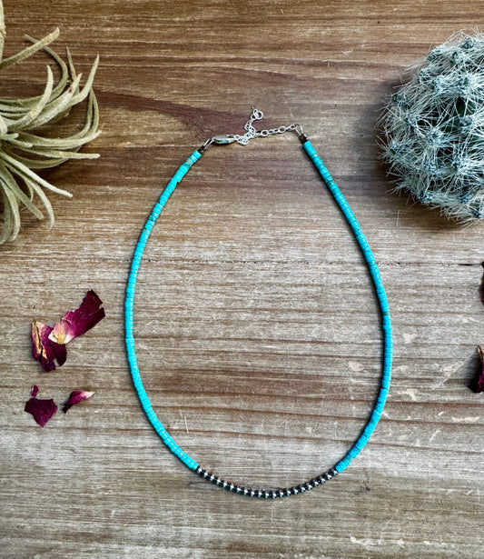 3 mm Sterling Silver Pearls choker with magnesite darker turquoise heishi - western jewelry