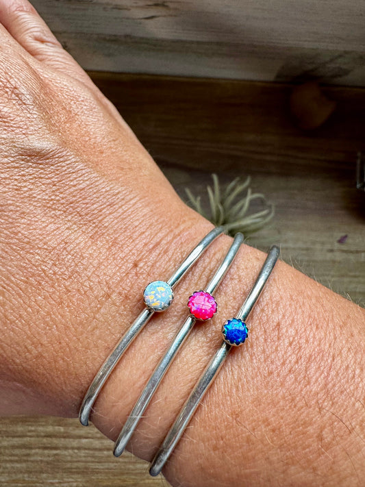 Small Opal Cuff Bracelet – Choice of Pink, Blue, or White – Sterling Silver