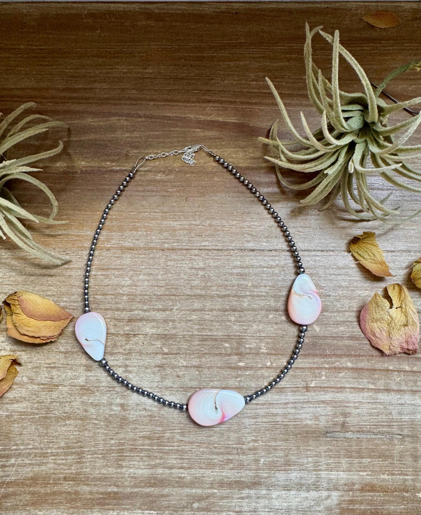 Sterling Silver Choker – 3 Flat Pink Conch Teardrops – 14.5" Approx.