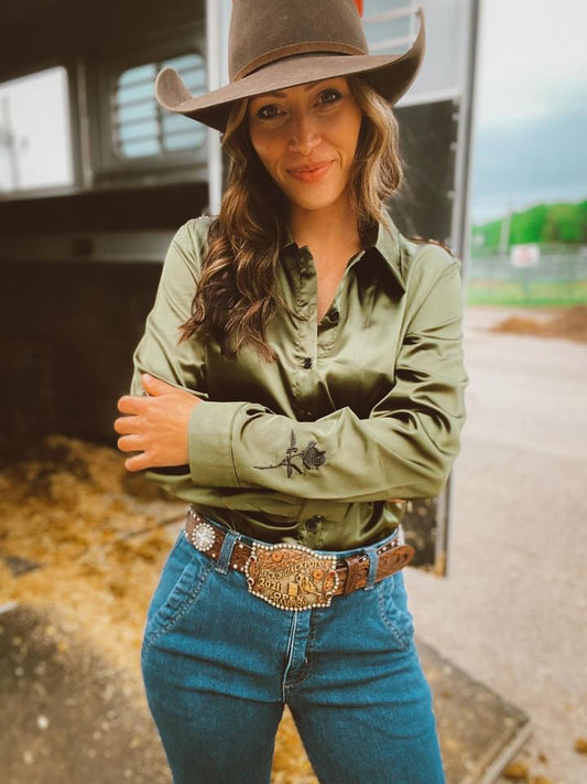 Olive Leopard Satin Rodeo Shirt