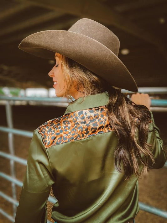 Olive Leopard Satin Rodeo Shirt