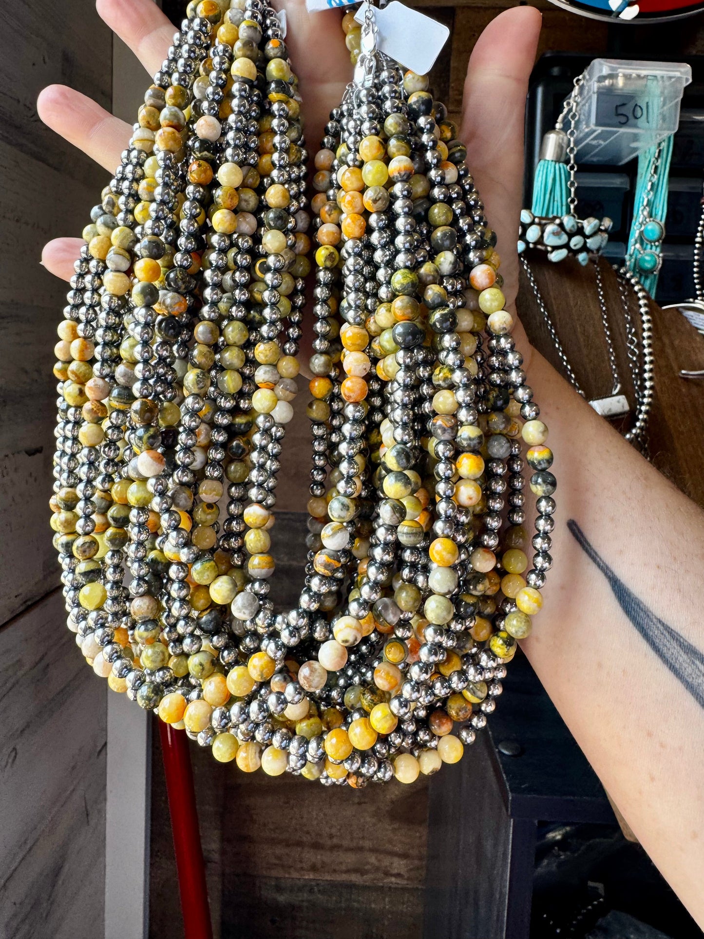 18-Inch Sterling Silver Pearl & Bumblebee Jasper Necklace