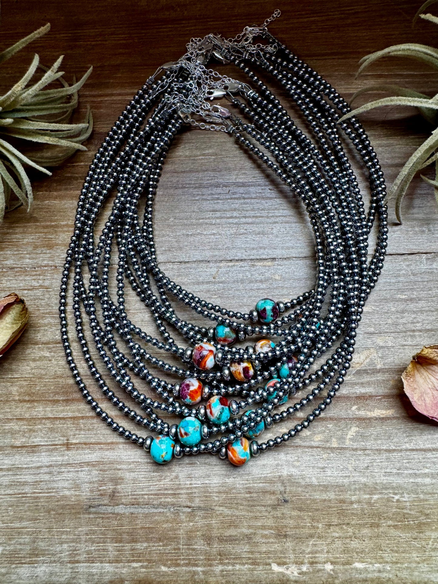 14-Inch Sterling Silver Pearl & Mojave Bead Choker