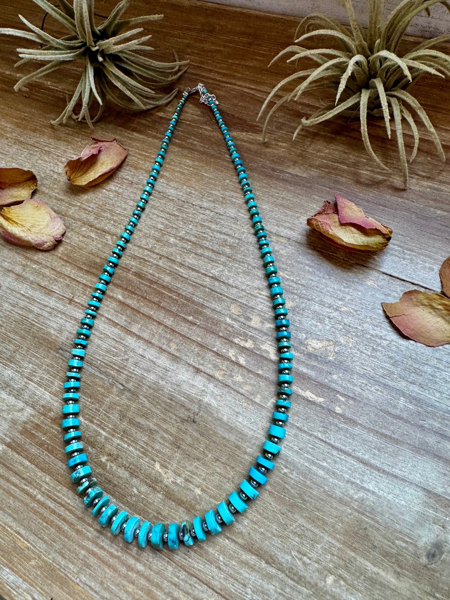 20.5-Inch Graduated Turquoise Disk Necklace with Sterling Pearls