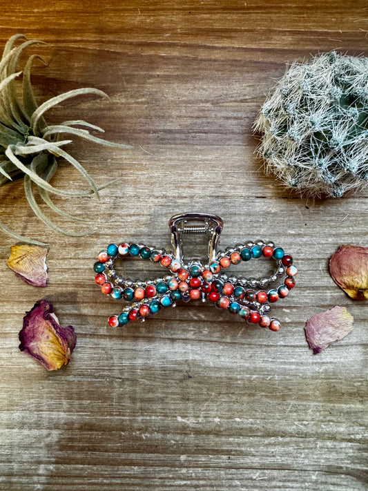 Orange & Turquoise bow hair clips