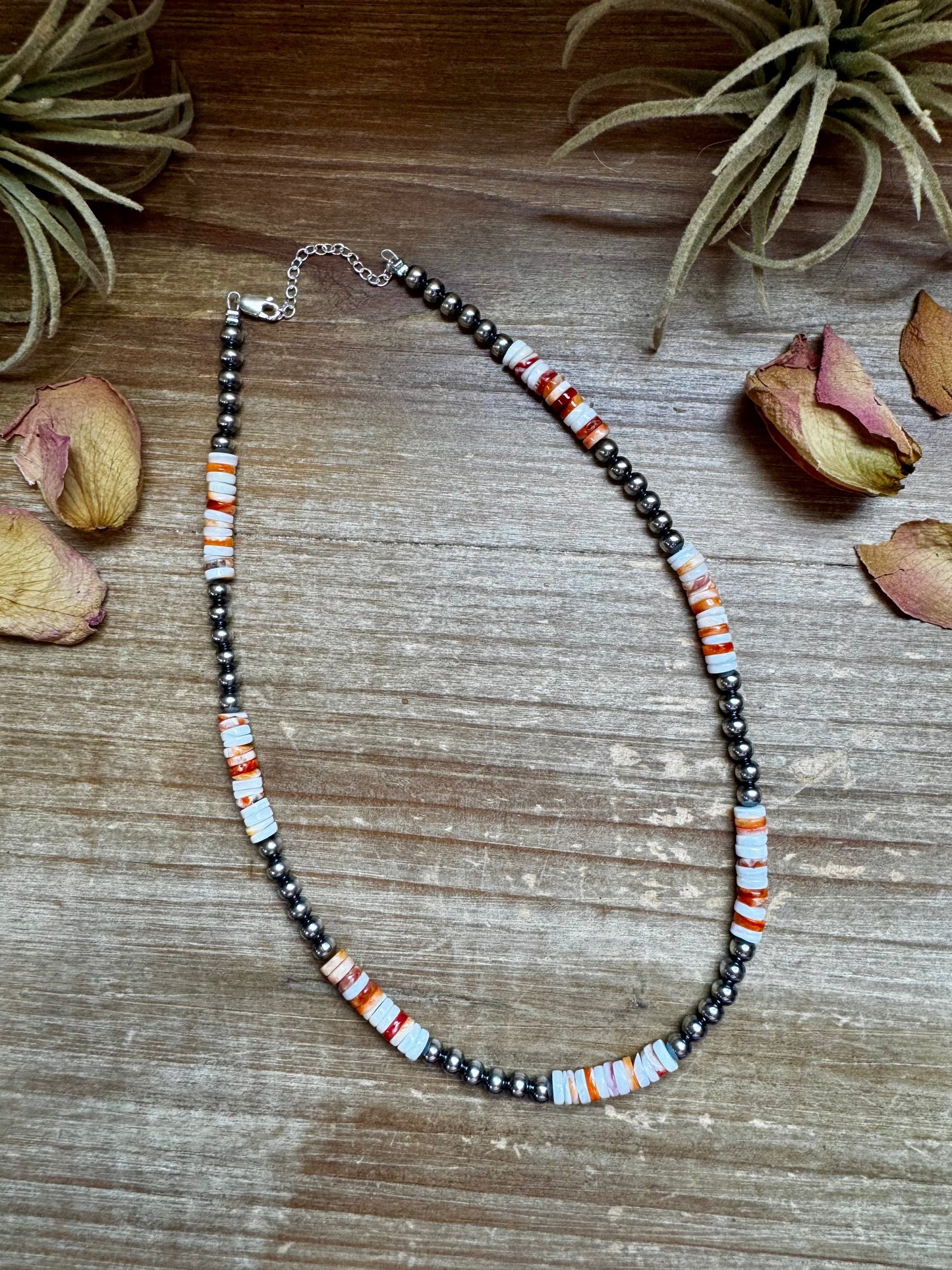 17-Inch Sterling Silver Pearl & Spiny Oyster Necklace