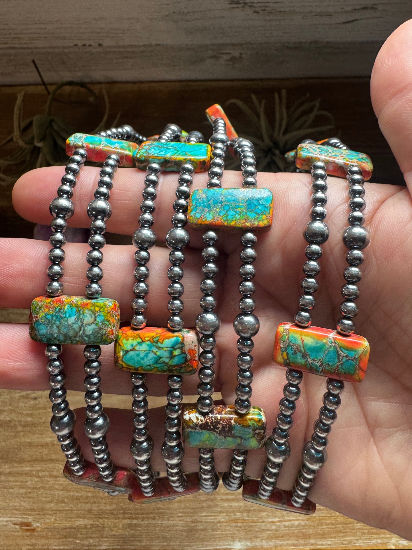 Orange/Turquoise Double Strand Necklace – 13” Beaded – Sterling Silver Pearls & Rectangle Variscite