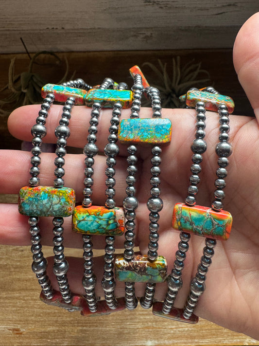 Orange/Turquoise Double Strand Necklace – 13” Beaded – Sterling Silver Pearls & Rectangle Variscite