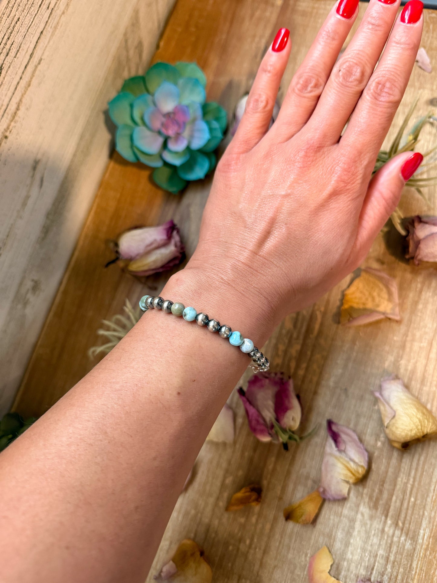 Sterling Silver & Larimar Bracelet  – 6 mm Beads