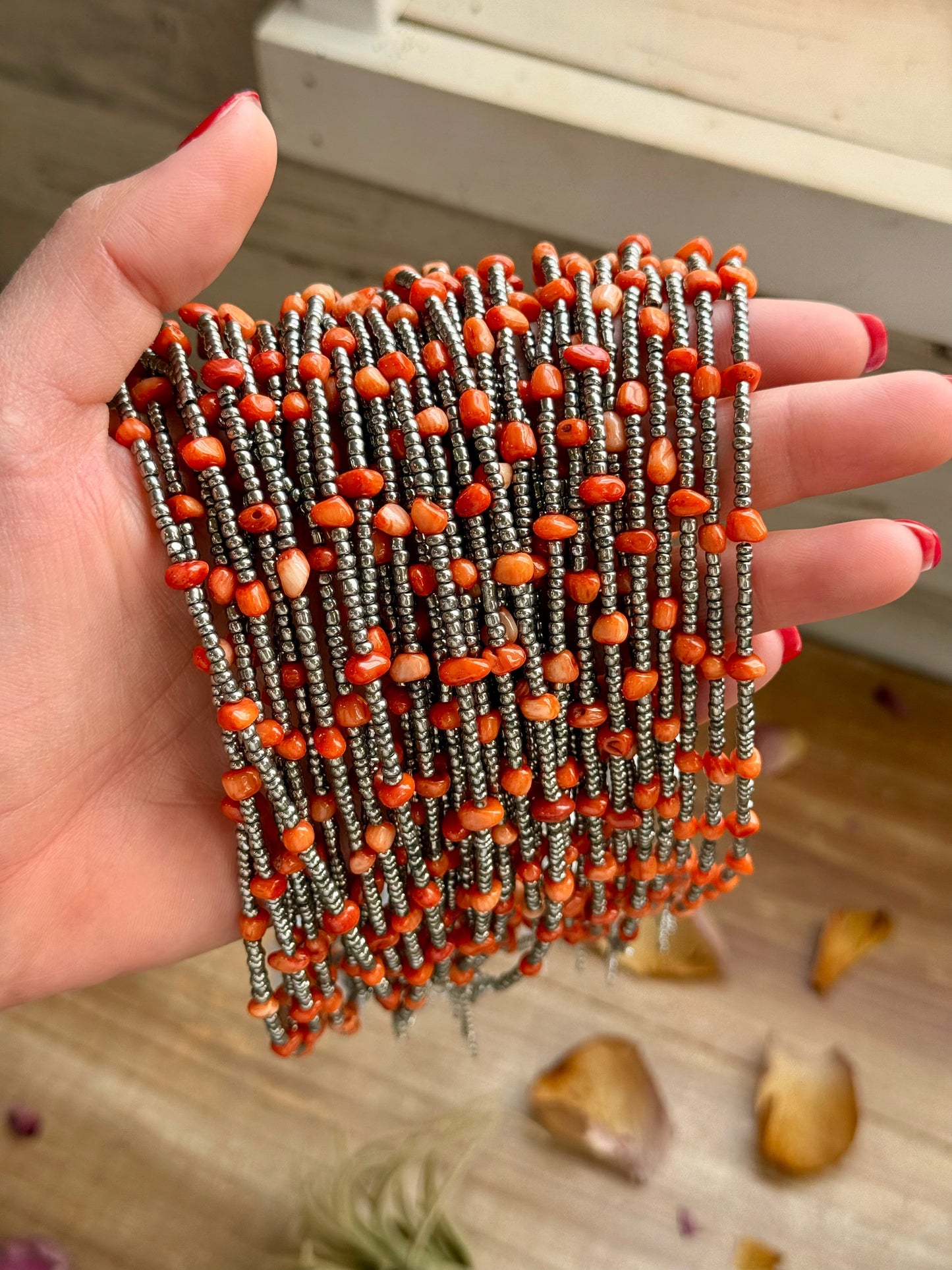 Antique Silver Seed Bead & Dyed Red Coral Choker – 14”