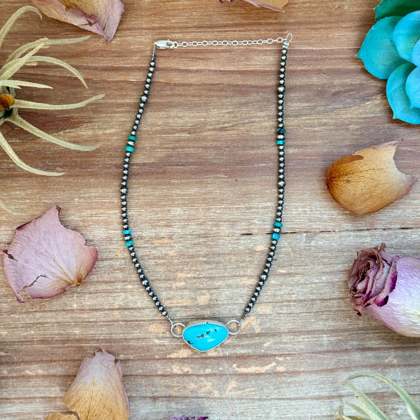 Sterling Silver Pearl & Turquoise Choker – 13” + 2” Extender – In-House Silversmithing – One of a Kind