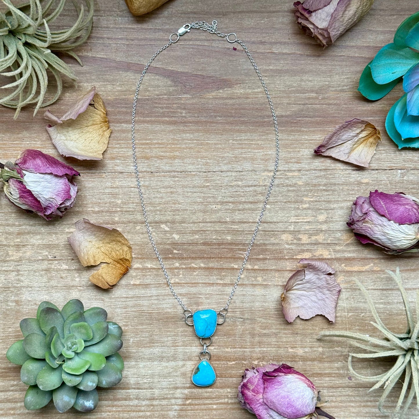 terling Silver Chain Necklace with Double Turquoise Dangles – 16” + Extender – Handmade In-House by The Bijoux FAB –