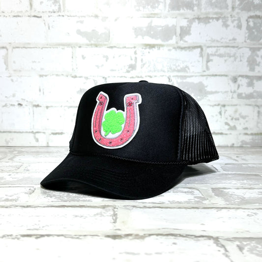 Lucky Horseshoe Pink Chenille Patch Foam Trucker Hat