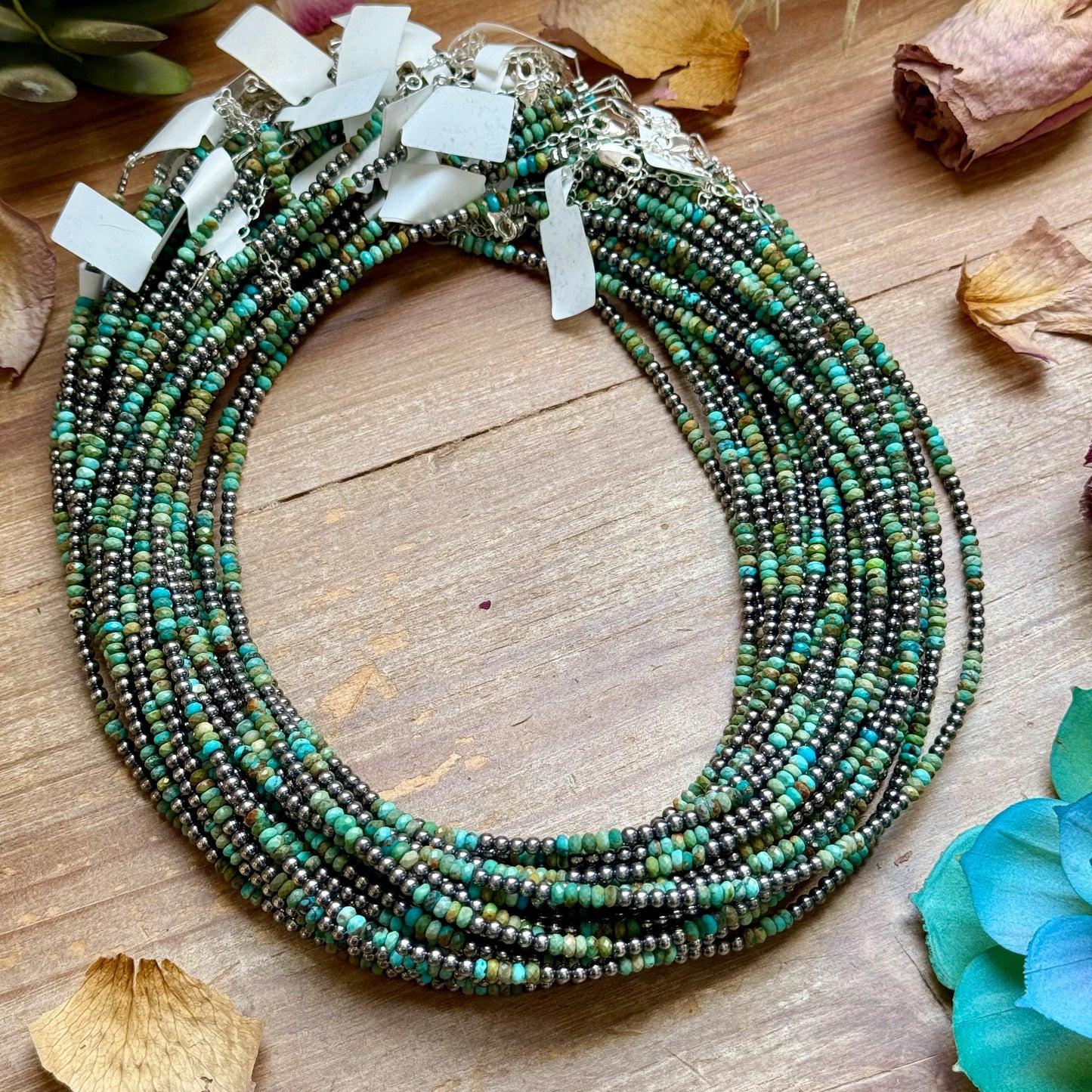 Faceted Turquoise Necklace with Sterling Silver Pearls – 18”