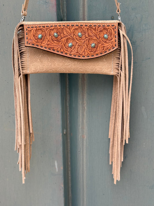 Fringe Clutch- Turquoise Stone (cream)