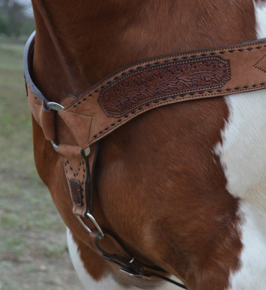 3800-AO 3" Breast collar rough out toast leather with oak leaf tooled patch, buckstitch, and double tugs